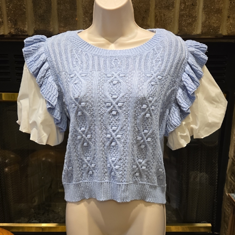 Entro Light Blue Knit Blouse with Ruffled Sleeves